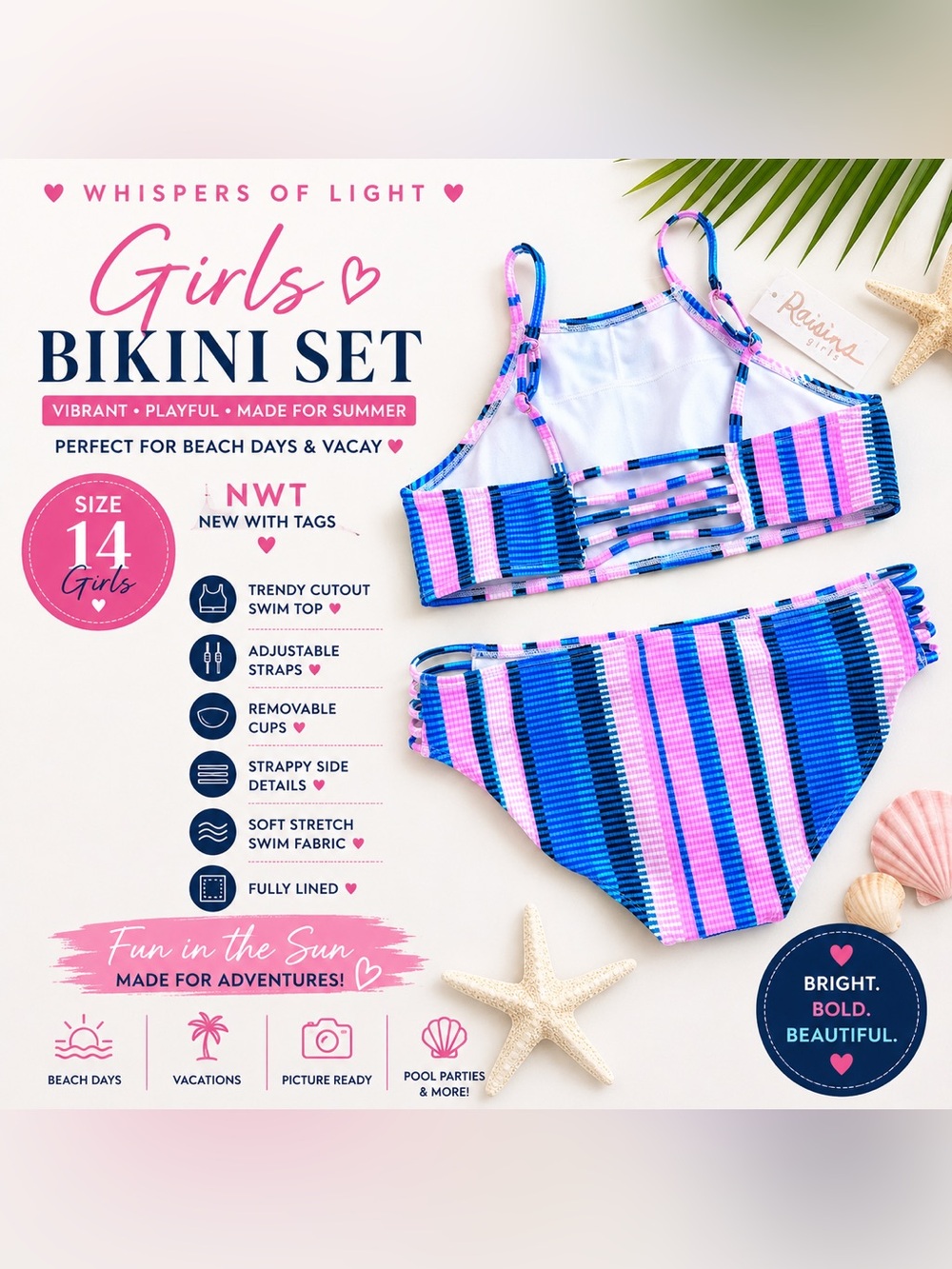 NWT Raisins Girls Striped Bikini Swimsuit Set Size 14 Blue Pink Cutout
